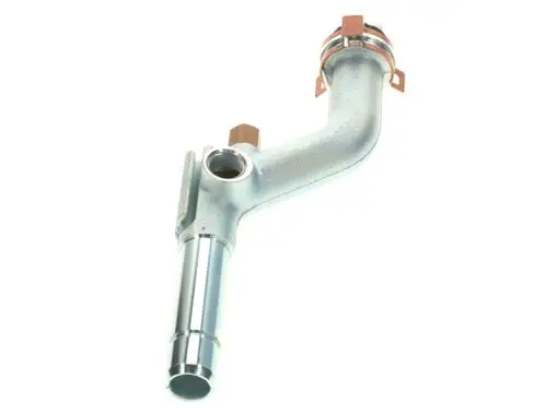 BOSCH Rohr mit gebogenem Anschluss und mehreren Öffnungen, geeignet für die Verbindung zu einem Wärmetauscher, in metallischer Ausführung.